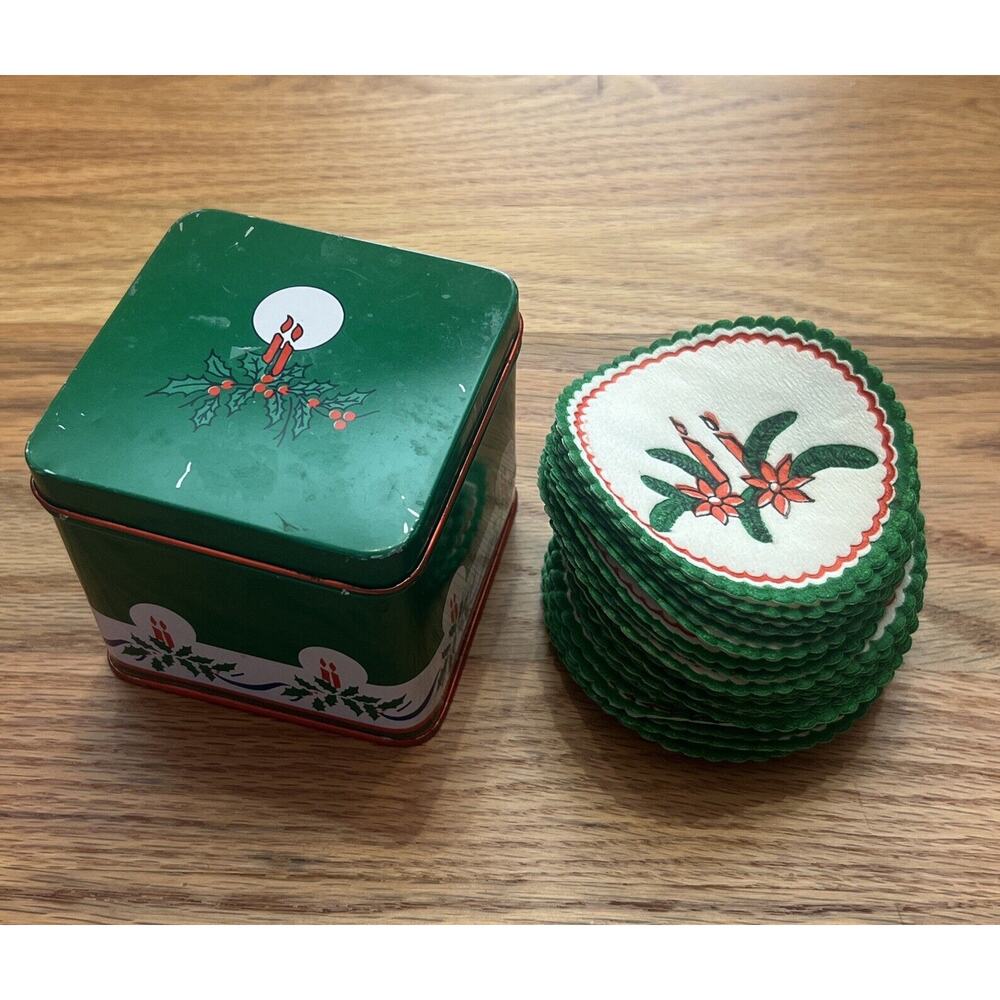 Vintage 1985 INTERPUR® Christmas Paper Coasters Doily Tin Container Box Candles